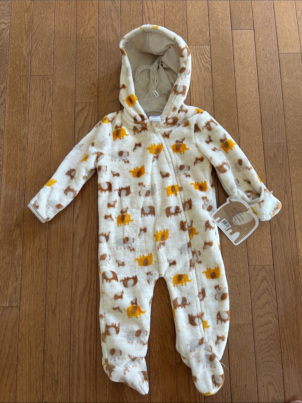 Cozy Hooded Baby One-Piece pram with Yellow & Brown elephant Print